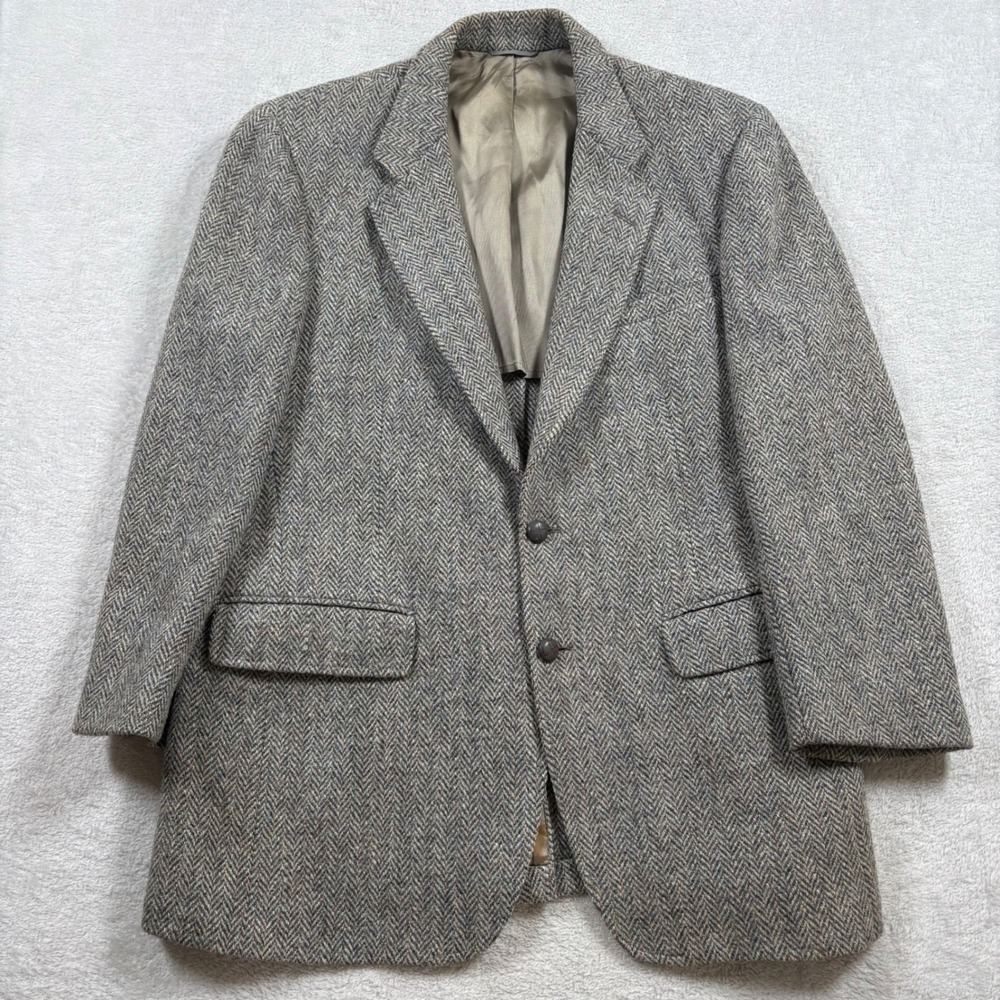 Harris Tweed Blazer Mens 42R Grey Brown Herringbone Scottish Wool Sport Coat USA